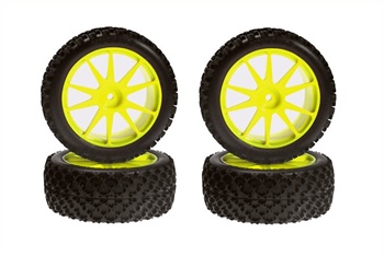 Kyosho Mini Inferno Half 8 X Pattern Tire and Wheel Set in Yellow
